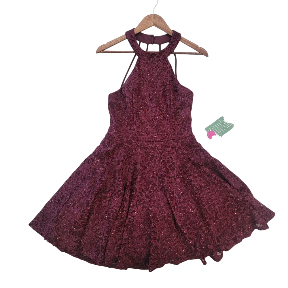 Y2K B Smart Burgandy Tulle Skirt Lace Halter Burgandy Short Dress Sz 11 Juniors